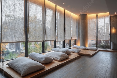 Tranquil meditation space with tatami mats urban setting interior design minimalist environment serene viewpoint calm concept
