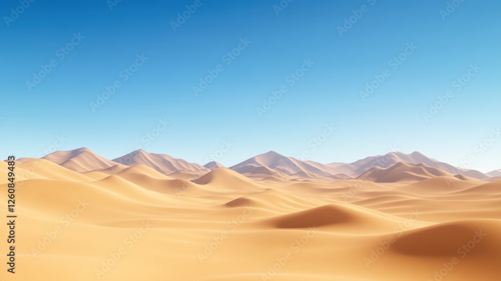 A vast desert landscape features rolling sand dunes under a clear blue sky, suitable for travel, adventure, or nature-themed projects, This serene image conveys tranquility and isolation, A vast desert landscape features rolling sand dunes under a clear blue sky, suitable for travel, adventure, or nature-themed projects, This serene image conveys tranquility and isolation,