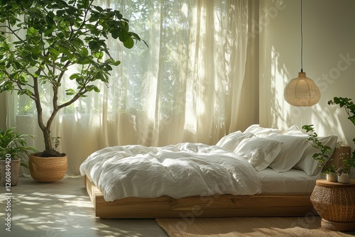 Cozy clutter-free bedroom with soft linen drapes minimalist home interior design tranquil atmosphere natural light