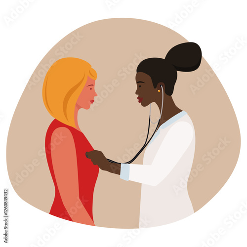 Doctor's appointment. An African female doctor listens to a patient with a stethoscope. Flat design.