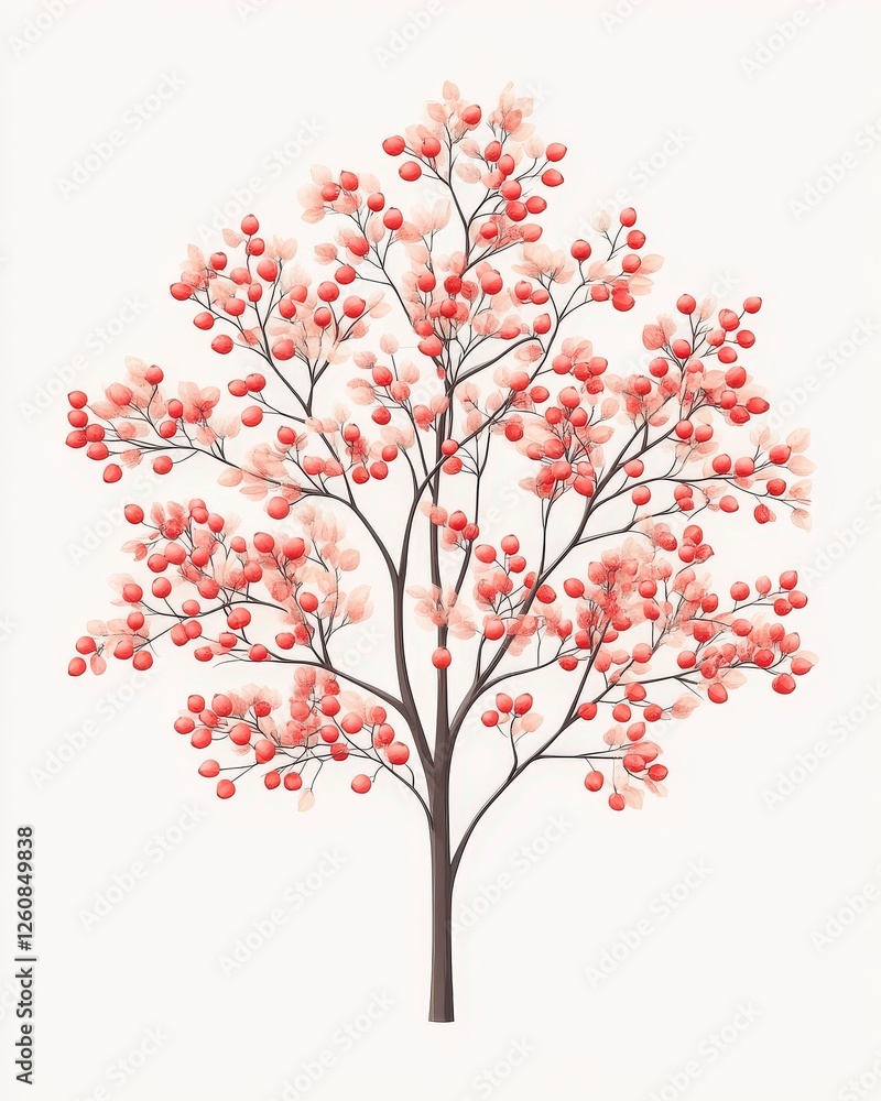 Fototapeta premium Colorful tree illustration with pink blossoms and berries against a light background, showcasing nature's beauty and vibrant aesthetics.