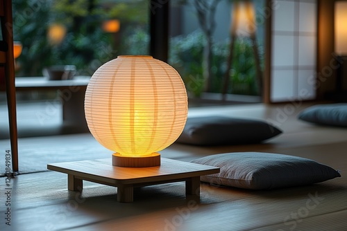 Japanese-inspired dining room with lanterns tranquil setting interior design cozy atmosphere serene view minimalist concept