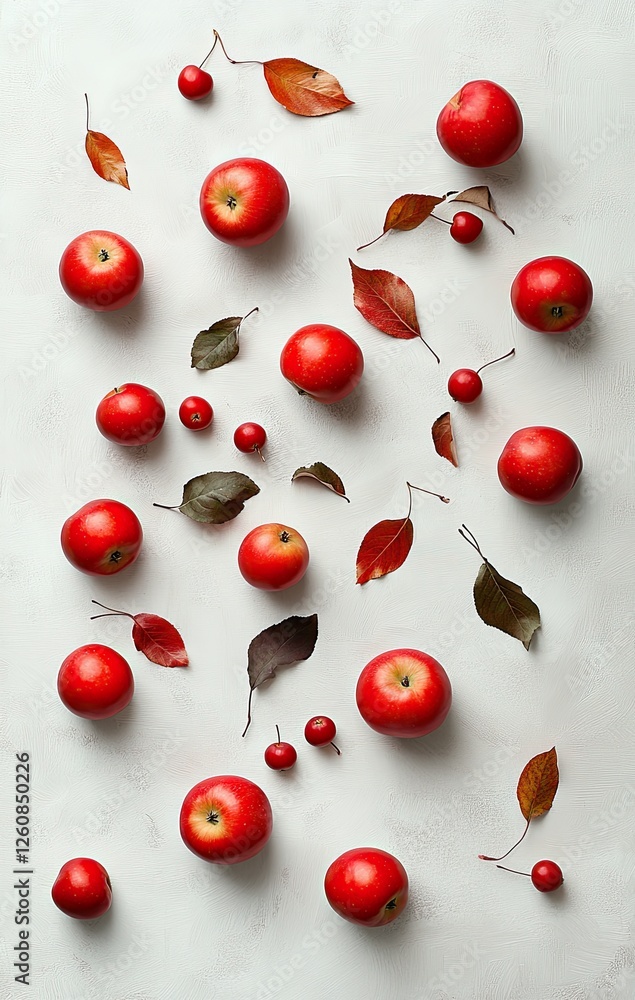 Red apples, leaves, and berries arranged on white background; fall theme Red apples, leaves, and berries arranged on white background; fall theme