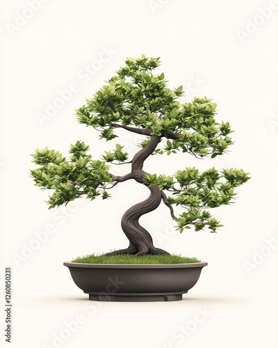 A beautifully shaped bonsai tree in a minimalist pot, showcasing lush green leaves and intricate branches against a soft background.