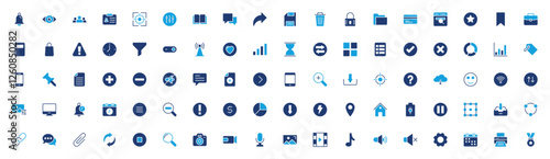 Set of Essential Tools icon. List, Winner, Triangle, Shooting, Filter, Arrow, Connect, Web Design, Cloud Computing, Location, Search Engine, Volume, Book Mark, Checkbox, Help vector illustration.