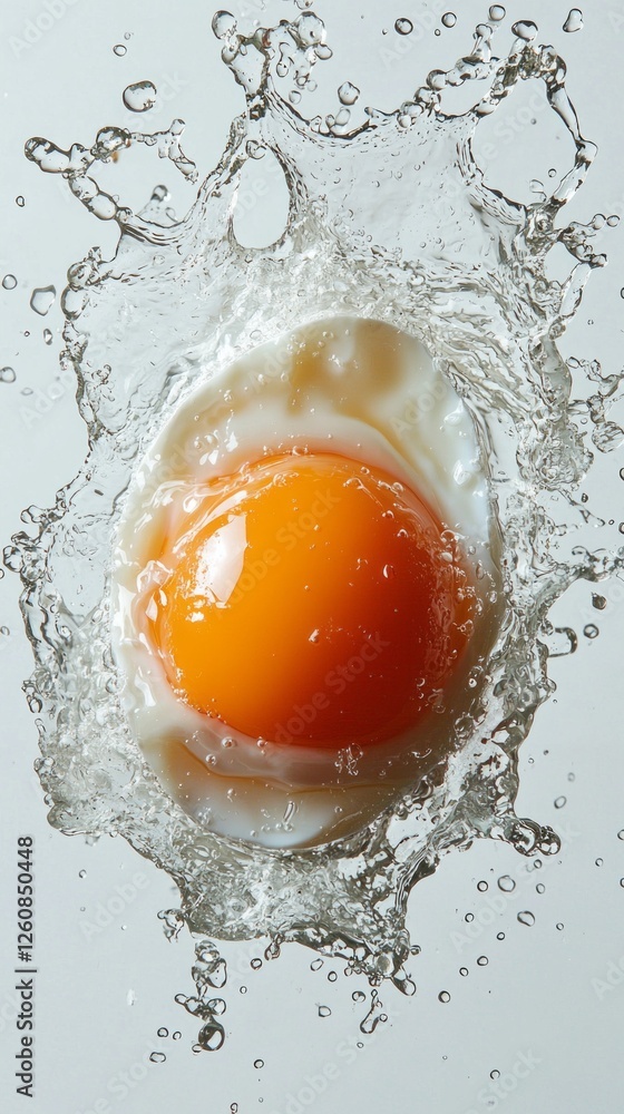 A vibrant orange yolk emerges from a freshly cracked chicken egg, creating a dynamic splash as it meets clear water, capturing a moment of culinary beauty against a pristine white background A vibrant orange yolk emerges from a freshly cracked chicken egg, creating a dynamic splash as it meets clear water, capturing a moment of culinary beauty against a pristine white background