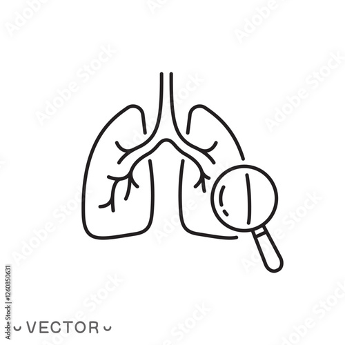 magnifier looking on lungs icon, healthy human lung, thin line symbol concept isolated on white background, editable stroke eps 10 vector illustration