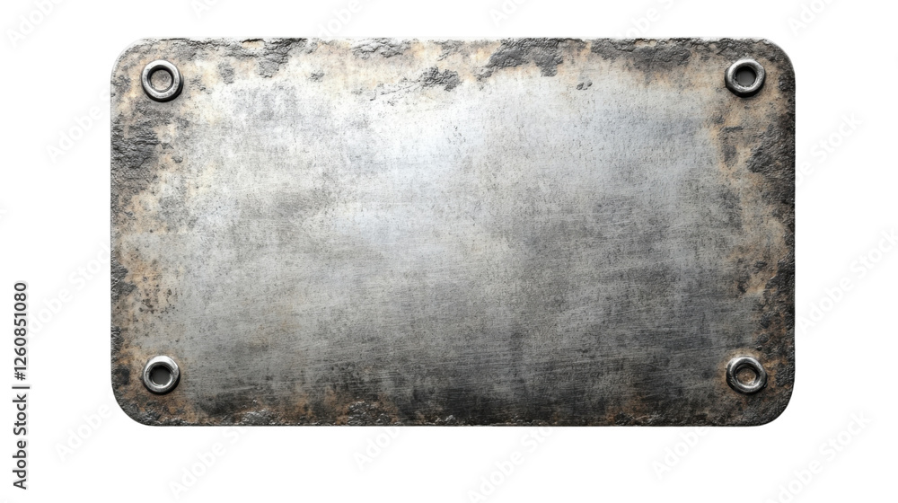 Old weathered metal plate with rivets on transparent background