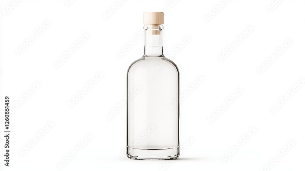 Clear glass bottle with a cork stopper, appearing empty, isolated on a white background, ideal for showcasing beverages or liquids. Clear glass bottle with a cork stopper, appearing empty, isolated on a white background, ideal for showcasing beverages or liquids.
