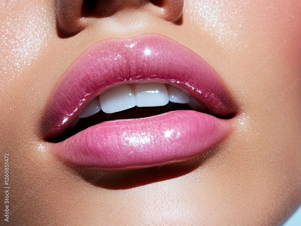 Obraz premium Close-up of glossy, pink lips with a bright shine, showcasing a fresh and vibrant look, ideal for beauty and cosmetic themes.