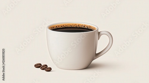 A white cup filled with black coffee sits beside a few coffee beans on a light background.