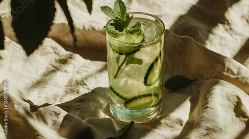 Refreshing cucumber and mint infused water, perfect for a hot summer day, presented on linen fabric.