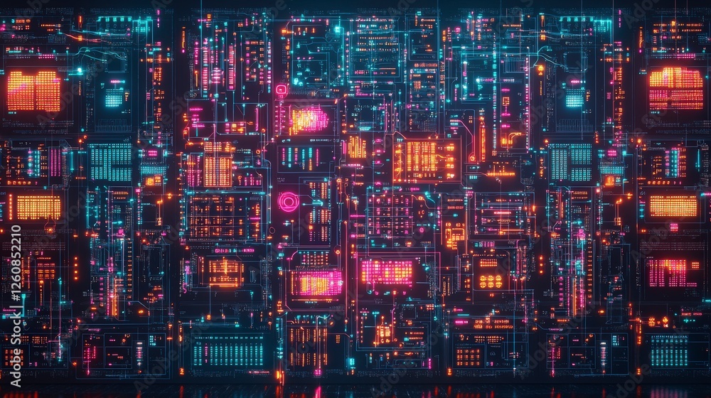 Vibrant digital cityscape with neon lights and intricate patterns, evoking a futuristic and high-tech atmosphere. Vibrant digital cityscape with neon lights and intricate patterns, evoking a futuristic and high-tech atmosphere.