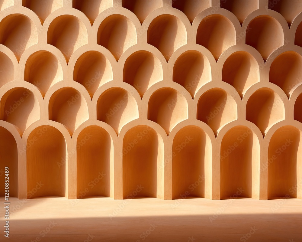 Obraz premium A repetitive pattern of curved arches in a warm-toned material, creating a visually striking and textured background.