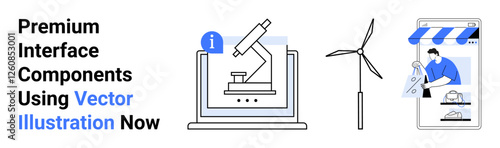 Laptop with a microscope, wind turbine, and smartphone showcasing online store functionality. Ideal for innovation, technology, research, science, renewable energy e-commerce and education. Flat