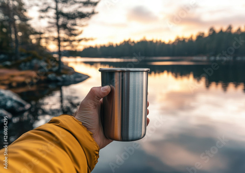 Hand grips a silver cup, surrounded by the calm beauty of a lake reflecting the colors of a stunning sunset, creating a peaceful moment photo