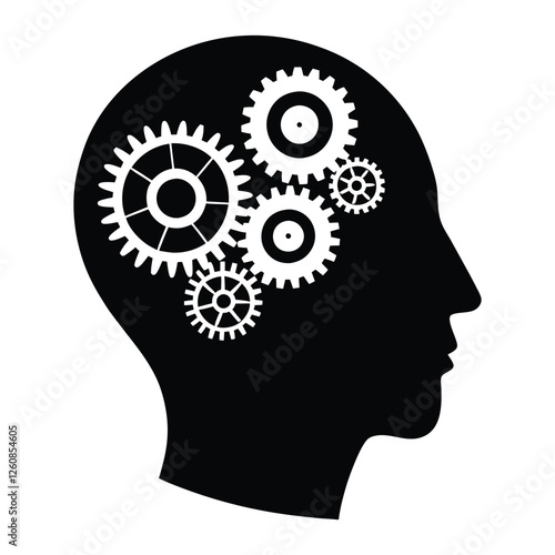 A silhouette of a head with intricate gears inside, symbolizing the connection between the mind and machinery, representing thought processes, innovation, and problem-solving.