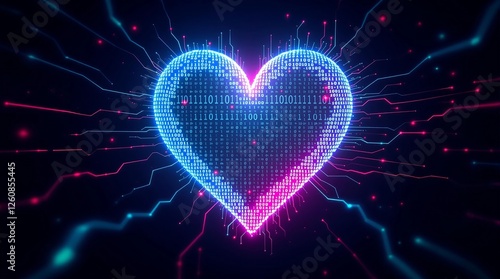 Futuristic Digital Heart with Glowing Binary Code photo