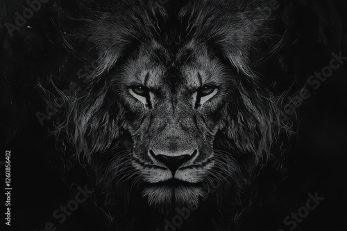 A black and white photo of a lions face in the night