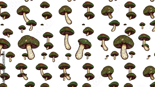 Seamless pattern of verdigris agaric mushrooms floating on white background. Verdigris. Illustration photo