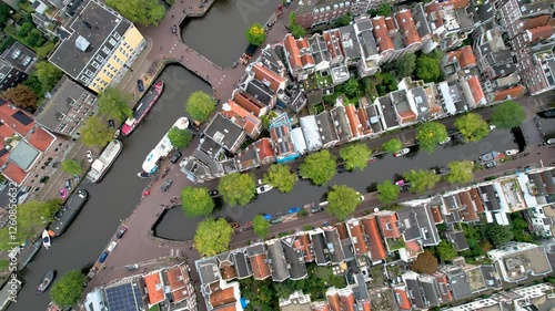 Stunning aerial shot of Amsterdam showcasing its iconic canals, historic architecture, and vibrant cityscape. The perfect blend of history and modernity from above