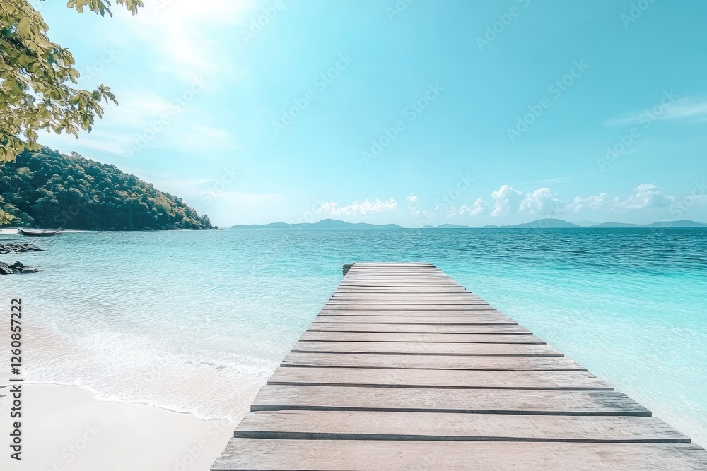 Obraz premium Tranquil wooden pier over turquoise water, idyllic beach, lush island background. Perfect for travel brochures or digital backgrounds