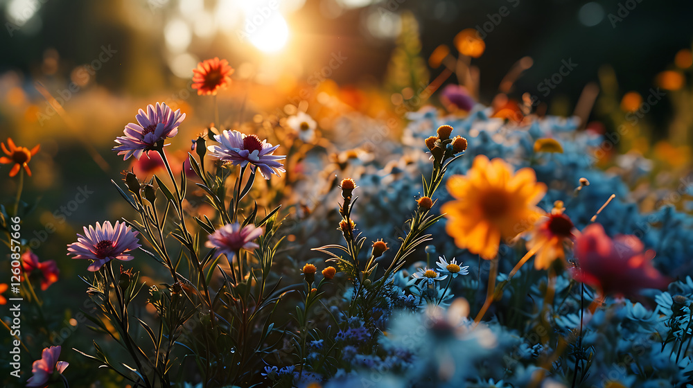 Colorful Flowers Bloom Under a Vibrant Sunset in the Meadow Colorful Flowers Bloom Under a Vibrant Sunset in the Meadow