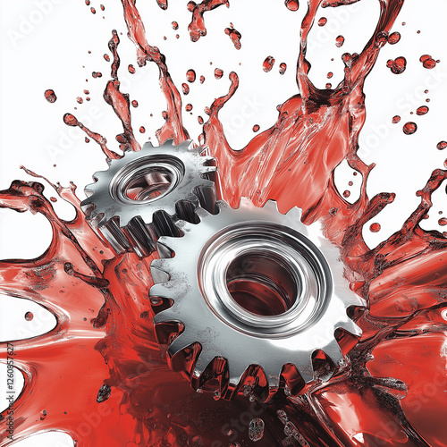 Metal Gear Mechanism with Splashing Motor Engine Red Oil on White Background. photo