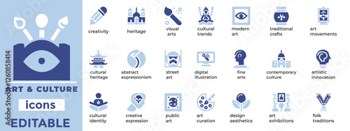 
Stylish Art and Culture vector sets editable icons for heritage, creativity, museums, and events. Perfect for designers