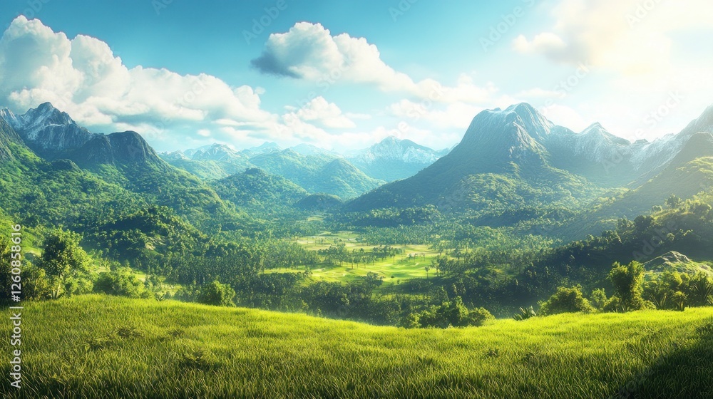 Naklejka premium Lush Valley, Majestic Mountains, Sunny Day, Nature's Beauty