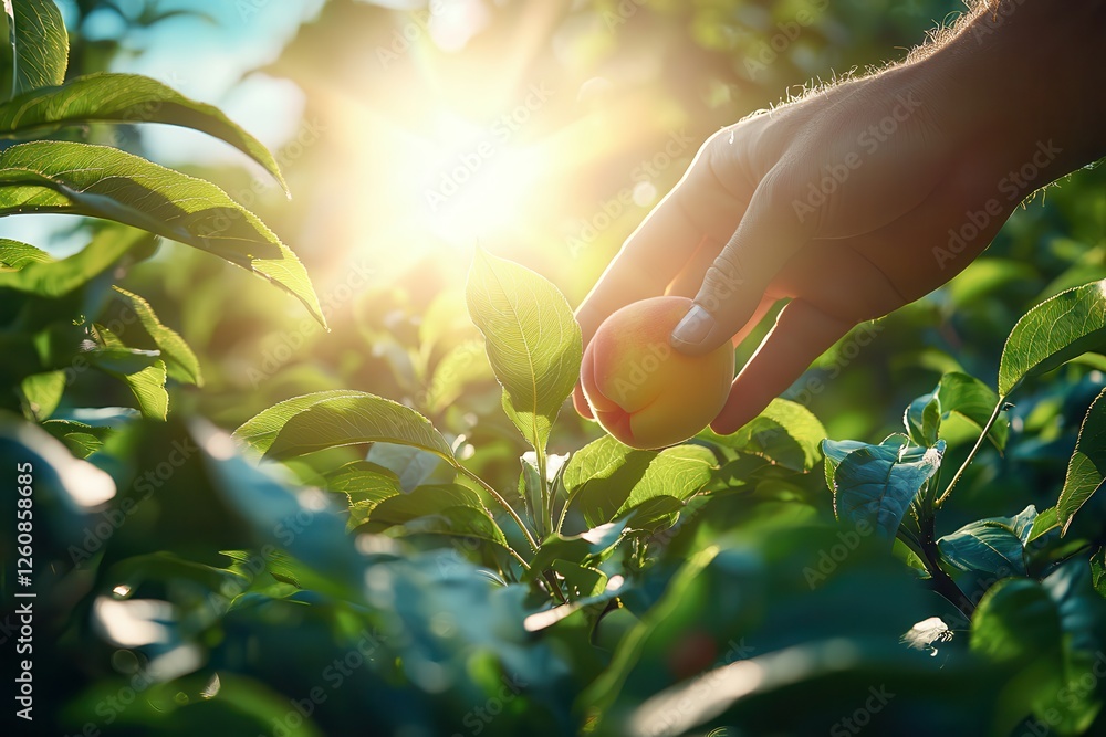 Fototapeta premium peach hand picking organic harvest. Hand reaching for fruit in a sunlit orchard setting.