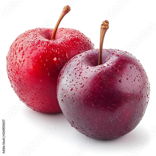 Two ripe plums, water droplets, white background, healthy eating