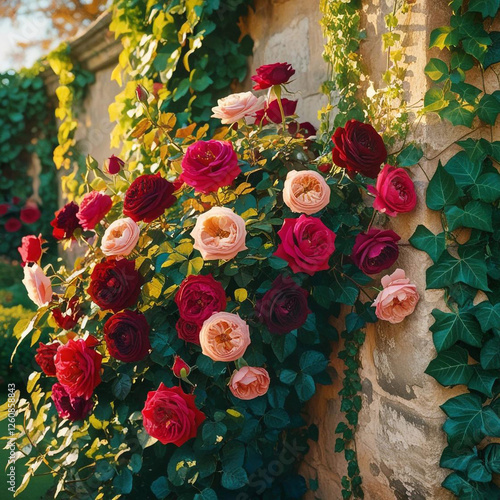 beautiful vibrant A vintage garden scene with roses and ivy
