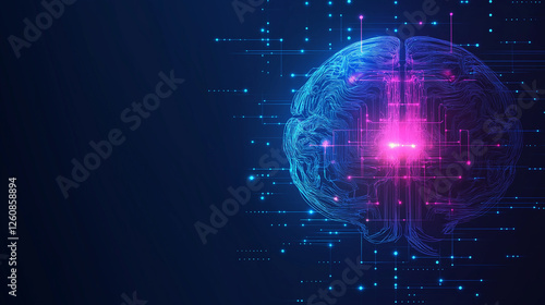 Futuristic AI Brain with Neural Network and Data Flow background. High Technology background banner. photo