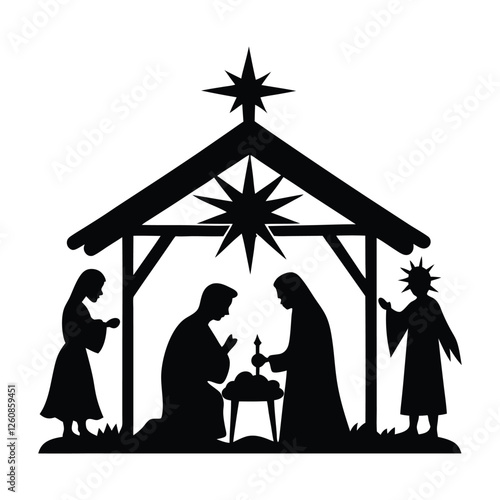 A serene Christmas nativity scene silhouette featuring a manger, with Mary, Joseph, and baby Jesus under a starry sky, capturing the peacefulness of the holy night.