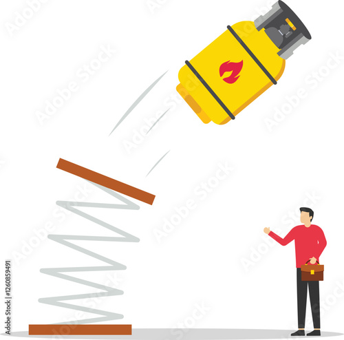 Sale of gas products and fuels. Gas cylinder bounce back on the trampoline rising. Modern vector illustration in flat style

