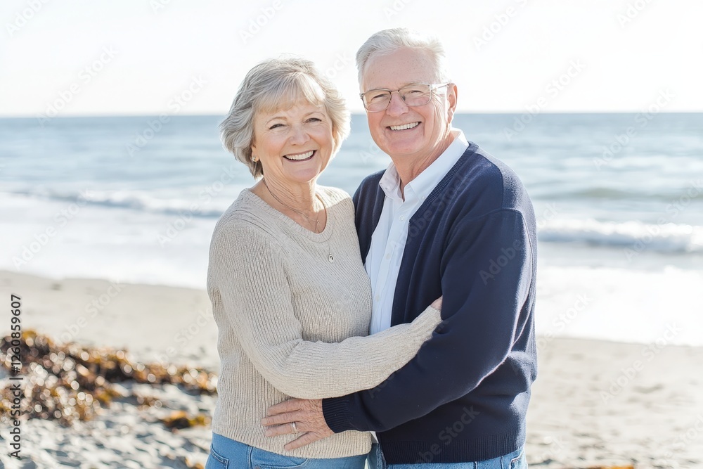 Fototapeta premium An elderly couple smiles and holds hands on the beach