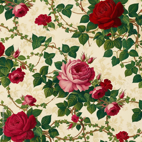 beautiful vibrant A vintage-inspired floral pattern with roses and ivy