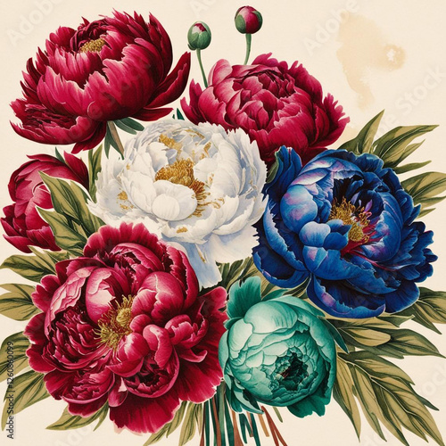 beautiful vibrant A vintage-inspired watercolor peony bouquet