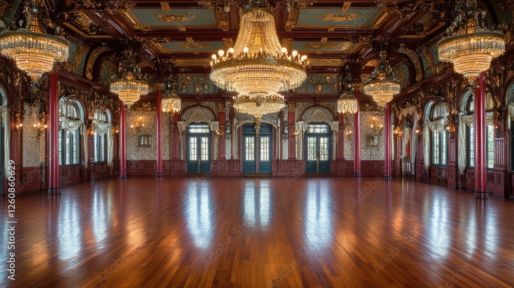 Obraz premium Ornate Ballroom, Majestic Chandeliers, Empty Hall