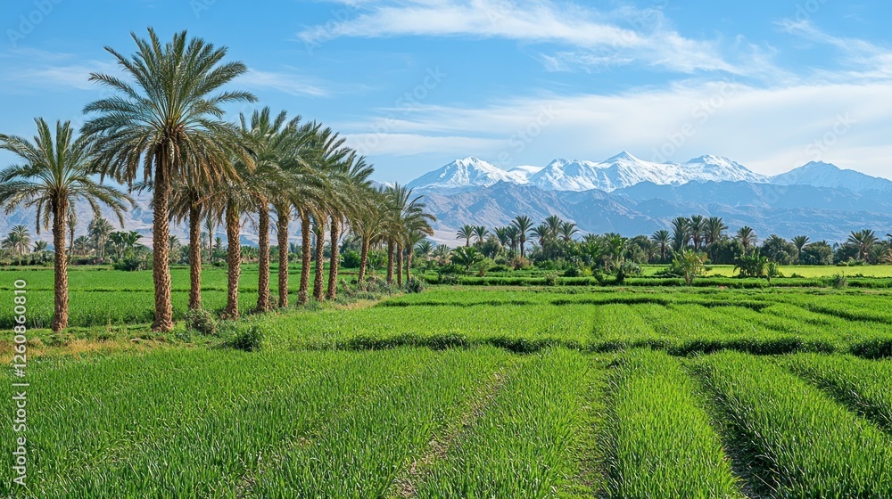 Palm trees line a green field with mountains in background Palm trees line a green field with mountains in background