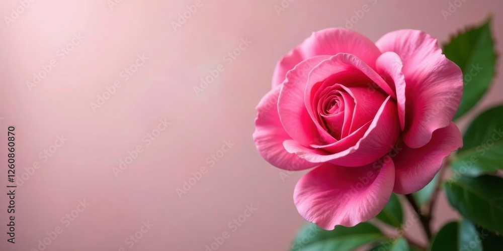 Fototapeta premium A single, vibrant pink rose blossom, showcasing its delicate petals and lush green foliage, against a soft, blurred pink background.