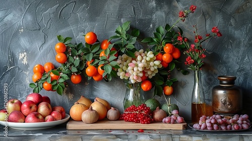 Still Life Photography Autumn Harvest with Oranges Grapes Apples on Rustic Background