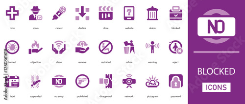 Blocked flat vector icon set. with remove, label, suspended, password,  no entry and more solid icons