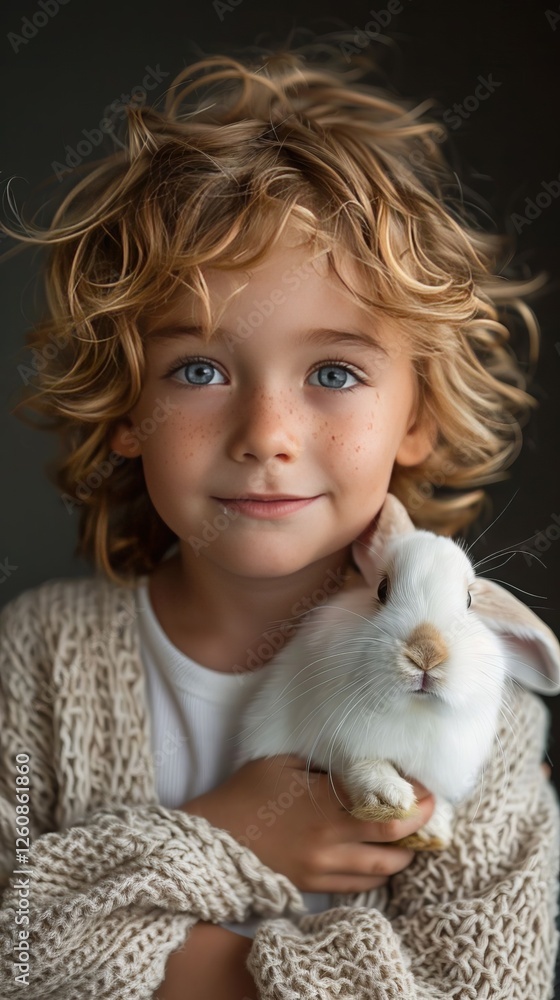 Adorable Child with Curly Blond Hair Gently Holding a White Rabbit