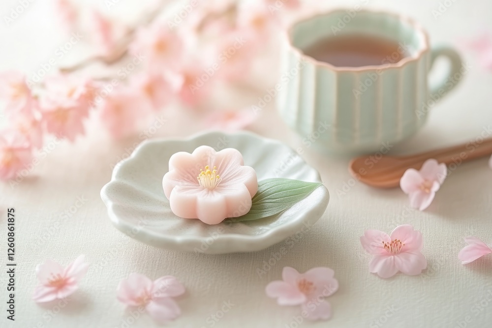 Soft Pink Sakura-Shaped Mochi With Cherry Blossom Petals and Herbal Tea in a Serene Setting