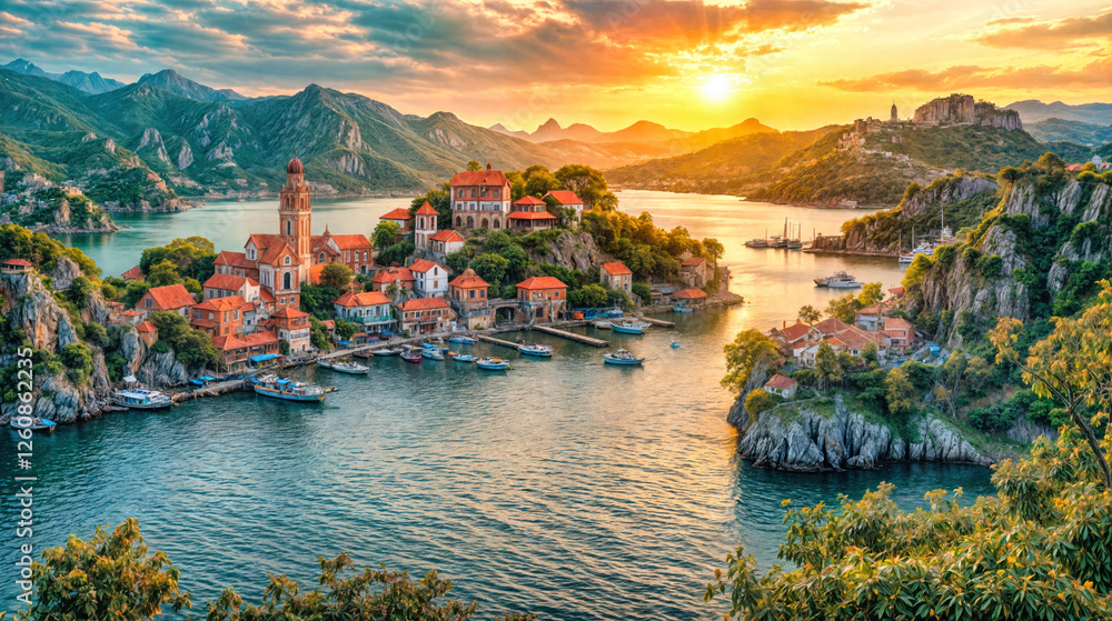 Obraz premium Mediterranean coastal village with terracotta roofs and church tower on rocky bay at golden sunset. Historic harbor with boats against mountain backdrop travel architecture