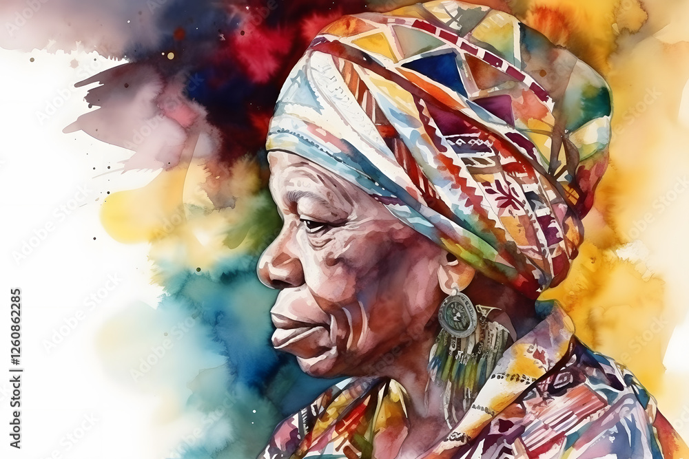 Fototapeta premium Modern Watercolor Portrait of an African Woman With Vibrant Colors