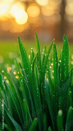 Dew Drops on Fresh Green Grass at Sunrise photo