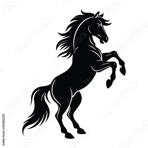 A silhouette of a black Mustang horse rearing up against a setting sun, its mane flowing and hooves lifted, exuding power and freedom in a dramatic, dynamic pose.